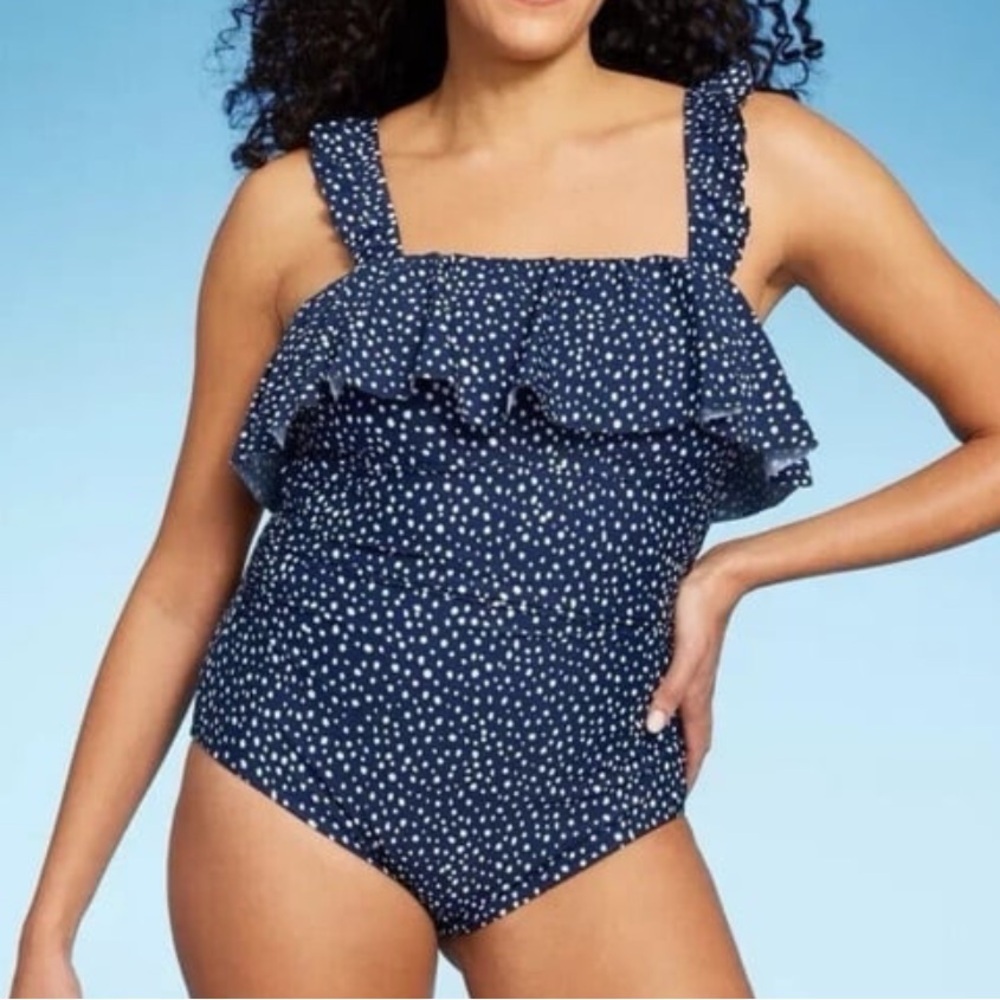 Kona Sol Navy Ruffle Polka Dot One-Piece Swimsuit Women’s Size 17 New NWT